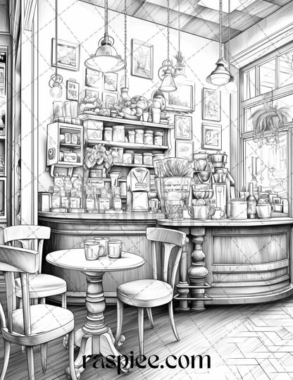 Cozy Coffee Shop Grayscale Coloring Pages Printable for Adults, Relaxing Coloring Sheets, Coffee-Themed Coloring Pages