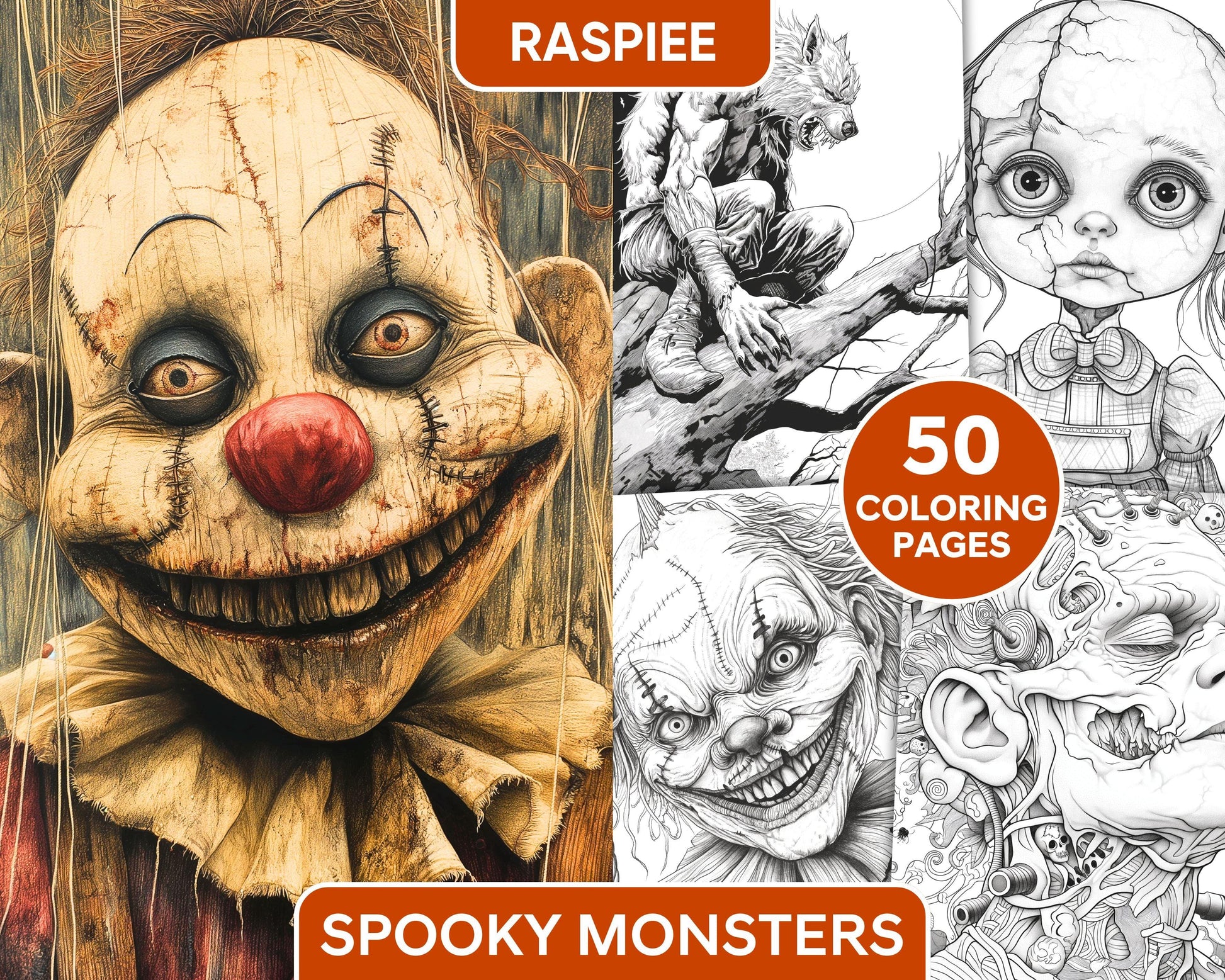 spooky scary monsters 50 Spooky Monsters Halloween Adult Coloring Pages Printable PDF Instant Download