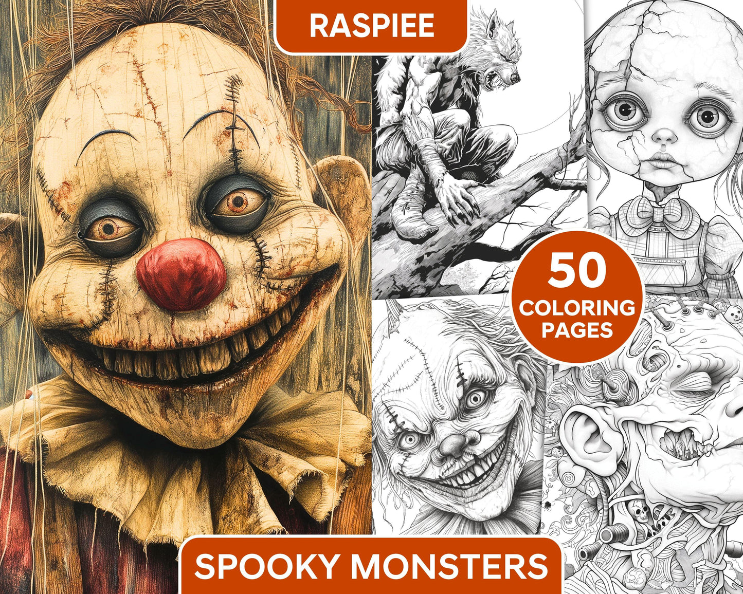 50 Spooky Monsters Halloween Adult Coloring Pages Printable PDF Instant Download - RASPIEE