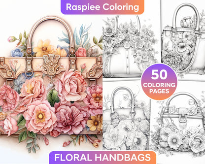 Floral Handbag Coloring Page, Grayscale Coloring for Adults, Printable Coloring Sheets, Relaxing Coloring Pages, Stress Relief Coloring Pages, Flower Coloring Pages, Floral Coloring Pages