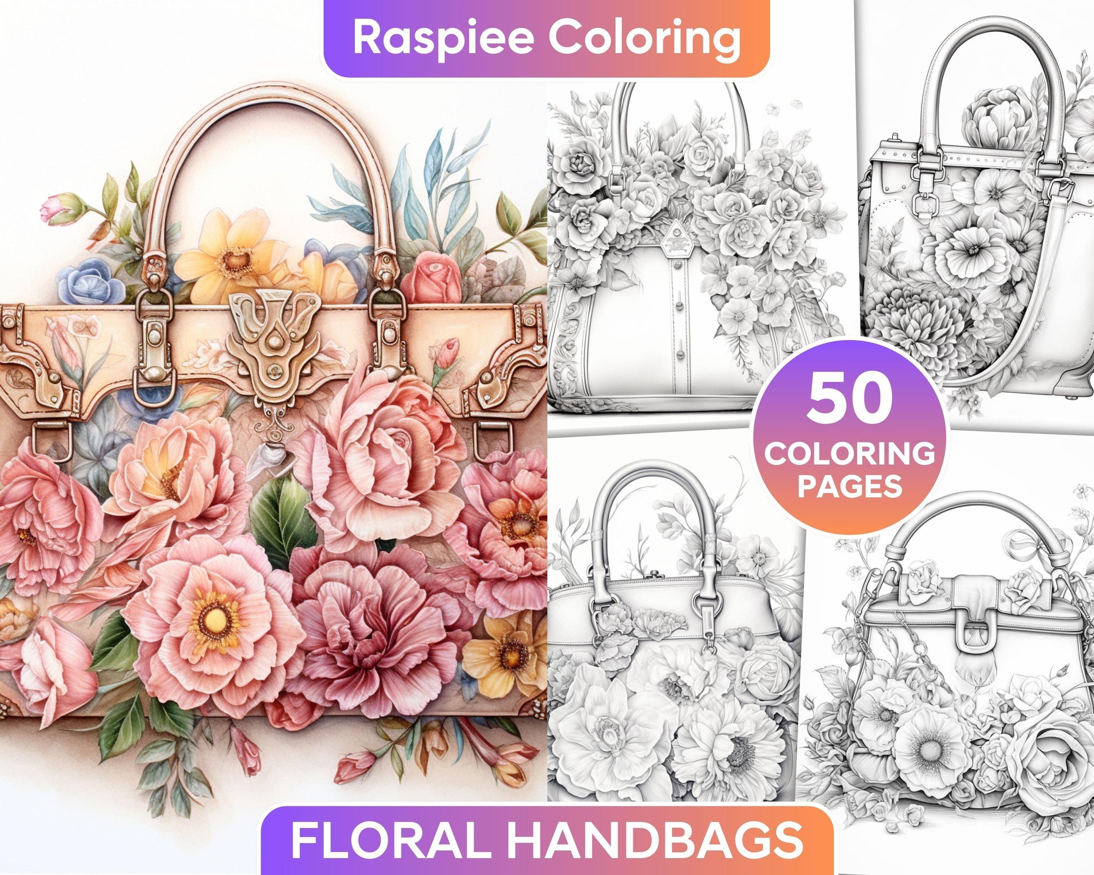 50 Floral Handbags Grayscale Coloring Pages for Adults, Printable PDF ...