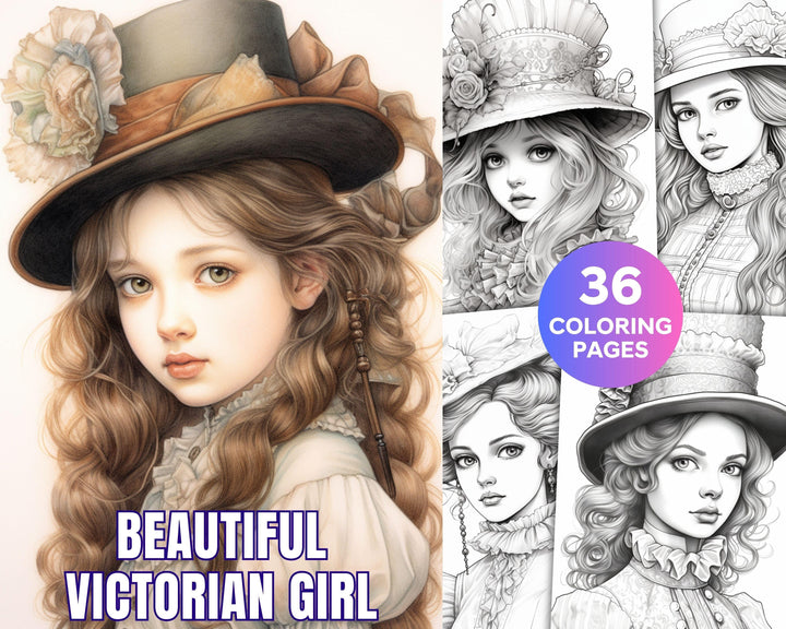 36 Beautiful Victorian Girls Coloring Pages Printable for Adults, Gray