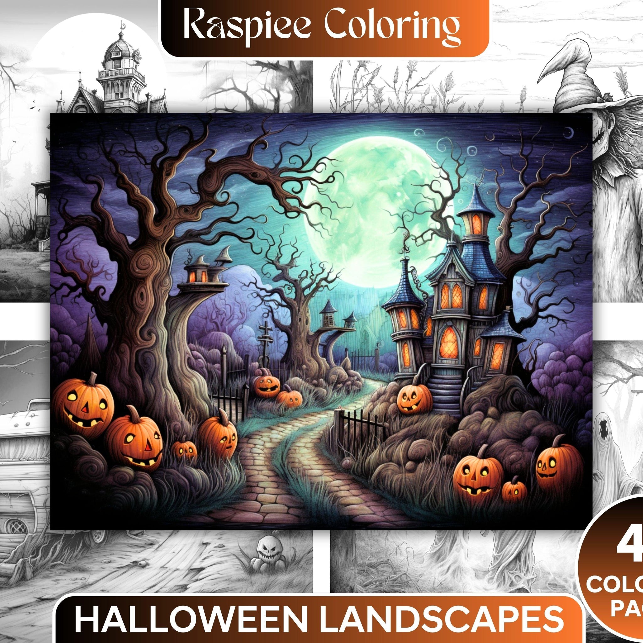 40 Halloween Landscapes Grayscale Coloring Pages Printable for Adults,