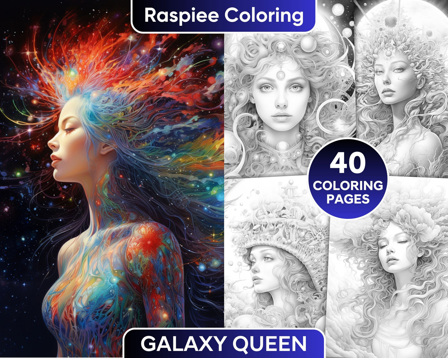 40 Galaxy Queen Sci-Fi & Fantasy Grayscale Coloring Pages for Adults, Printable PDF Instant Download