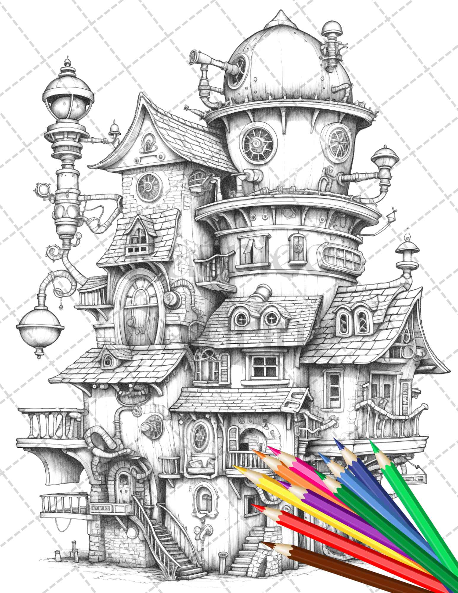 steampunk houses grayscale coloring pages, printable adult coloring book, detailed Victorian architecture coloring, grayscale coloring for adults, intricate line art, vintage industrial art
