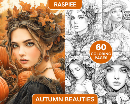 Autumn Beauties Portrait Adult Coloring Pages Printable PDF Instant Download - RASPIEE