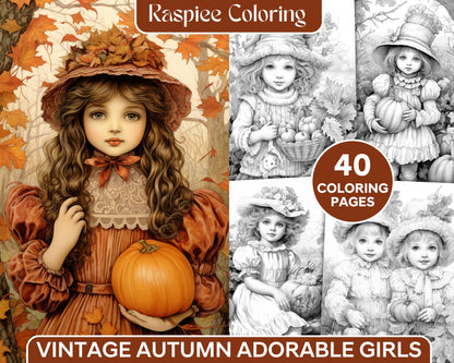 Autumn Coloring Pages for Adults, Vintage Printable Coloring Girls, Fall Coloring Sheets Bundle, Adult Coloring Book Art, Retro Coloring Pages Collection, Detailed Grayscale Coloring Prints, Relaxing Adult Coloring Activities