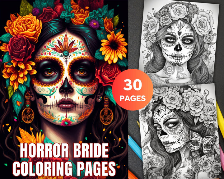 30 Printable Horror Bride Coloring Pages for Adults, Gothic Wedding Gr