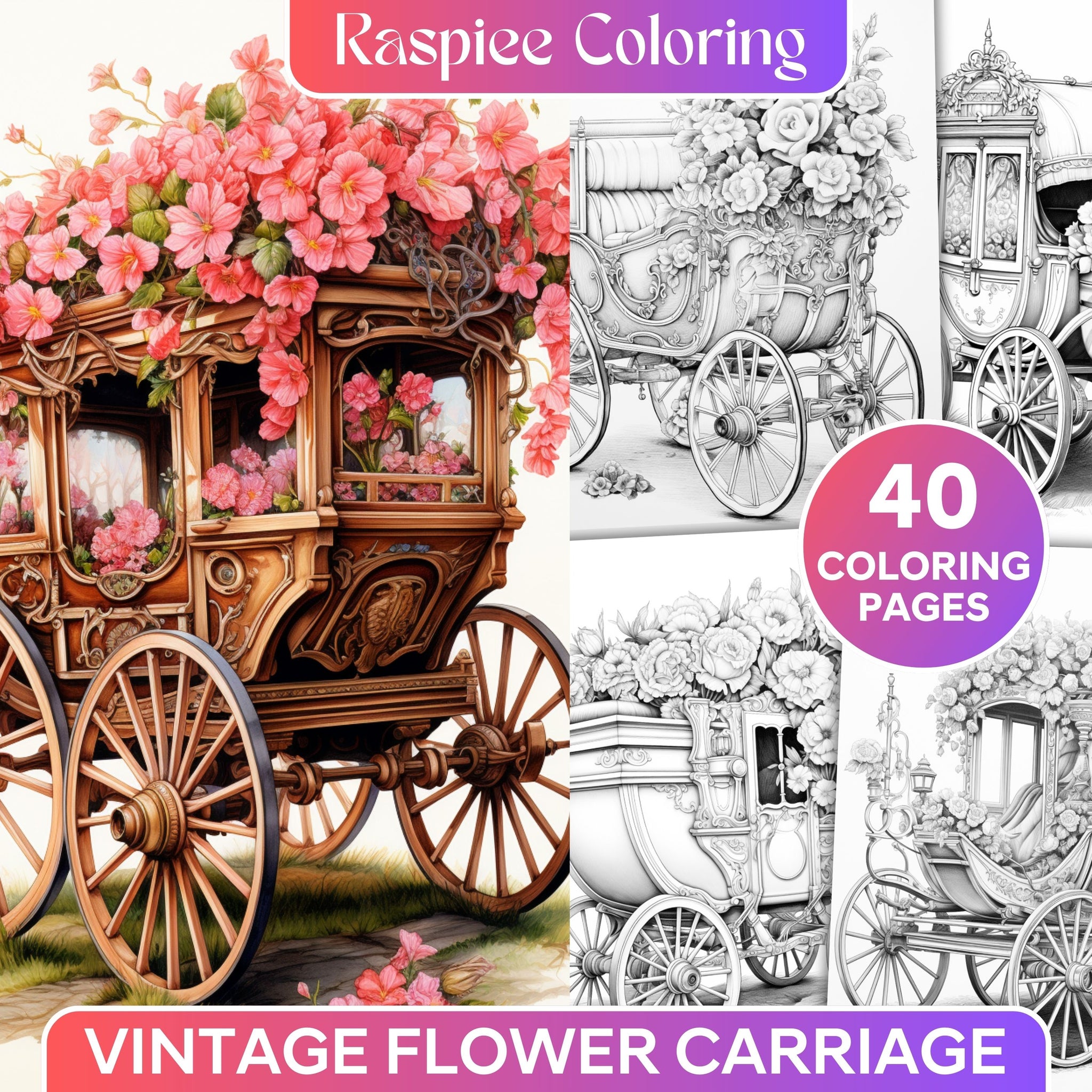 Vintage Flower Carriage Grayscale Coloring Pages Printable for Adults,