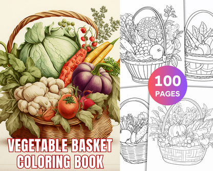Vegetable Basket Coloring Book for Adults and Kids, 100 Printable Pages PDF Instant Download