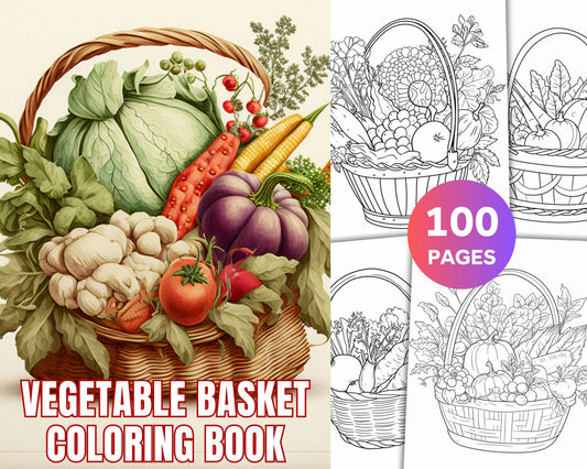 Cesta de verduras Libro para colorear para adultos y niños, 100 páginas imprimibles PDF Descarga instantánea