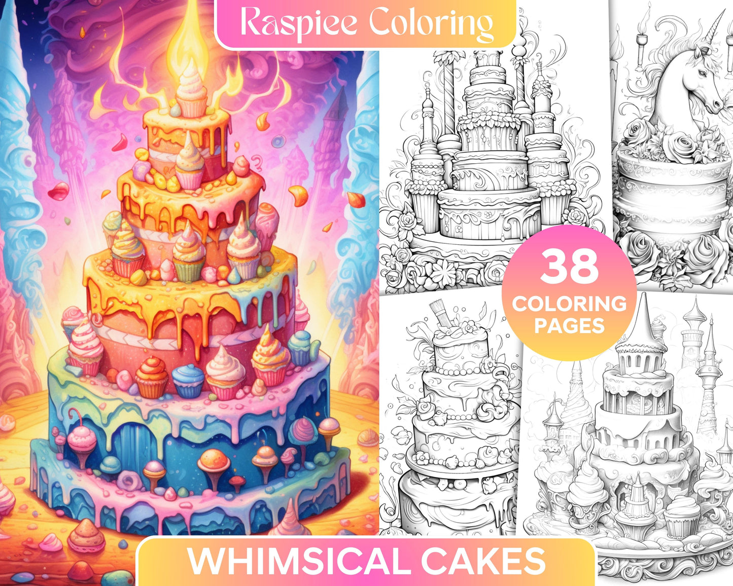 whimsical cakes grayscale coloring page, adult coloring page with cake illustration, grayscale art of whimsical cakes for adults, relaxing cake coloring page for stress relief, detailed grayscale cake coloring sheet