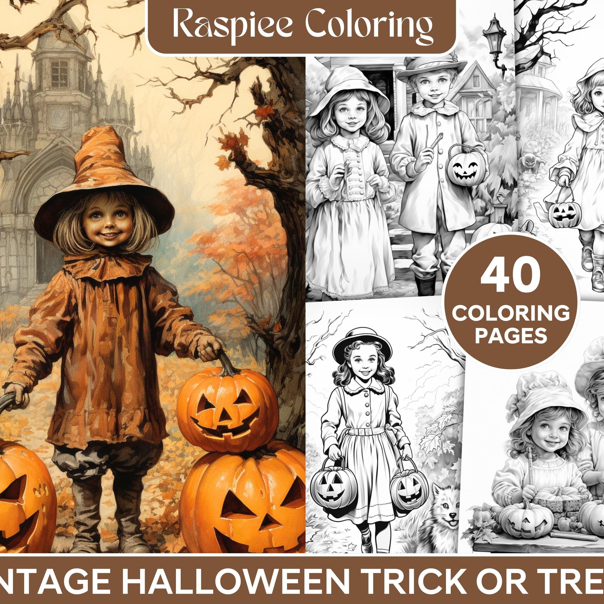 40 Vintage Halloween Trick or Treat Grayscale Coloring Pages Printable