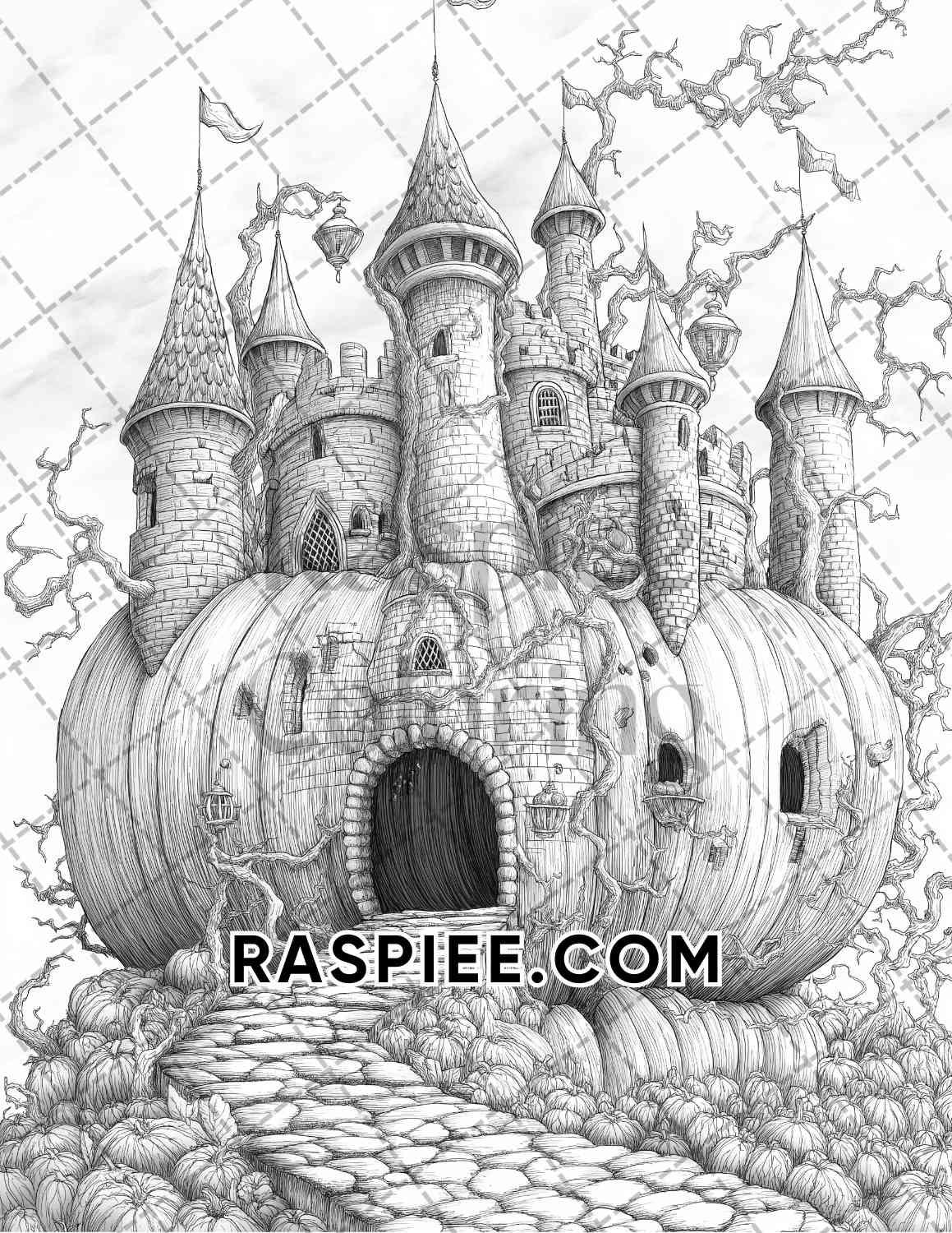 Fantasy Giant Pumpkin Castles Adult Coloring Pages Printable PDF Instant Download - RASPIEE