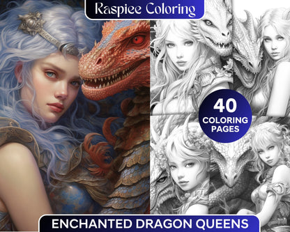 grayscale coloring pages, printable dragons, enchanted dragon queens, adult coloring book, fantasy art, detailed coloring illustrations, grayscale art, mythical creatures, magical queens, dragon illustrations, coloring for adults