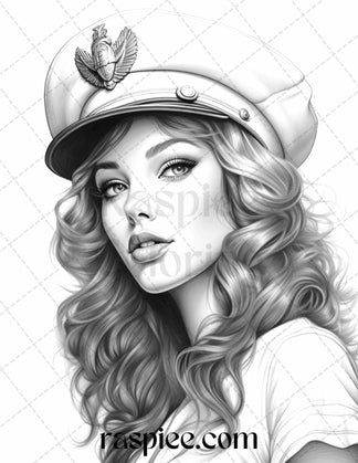 40 Sailor Pin Up Girls Grayscale Coloring Pages Printable for Adults ...