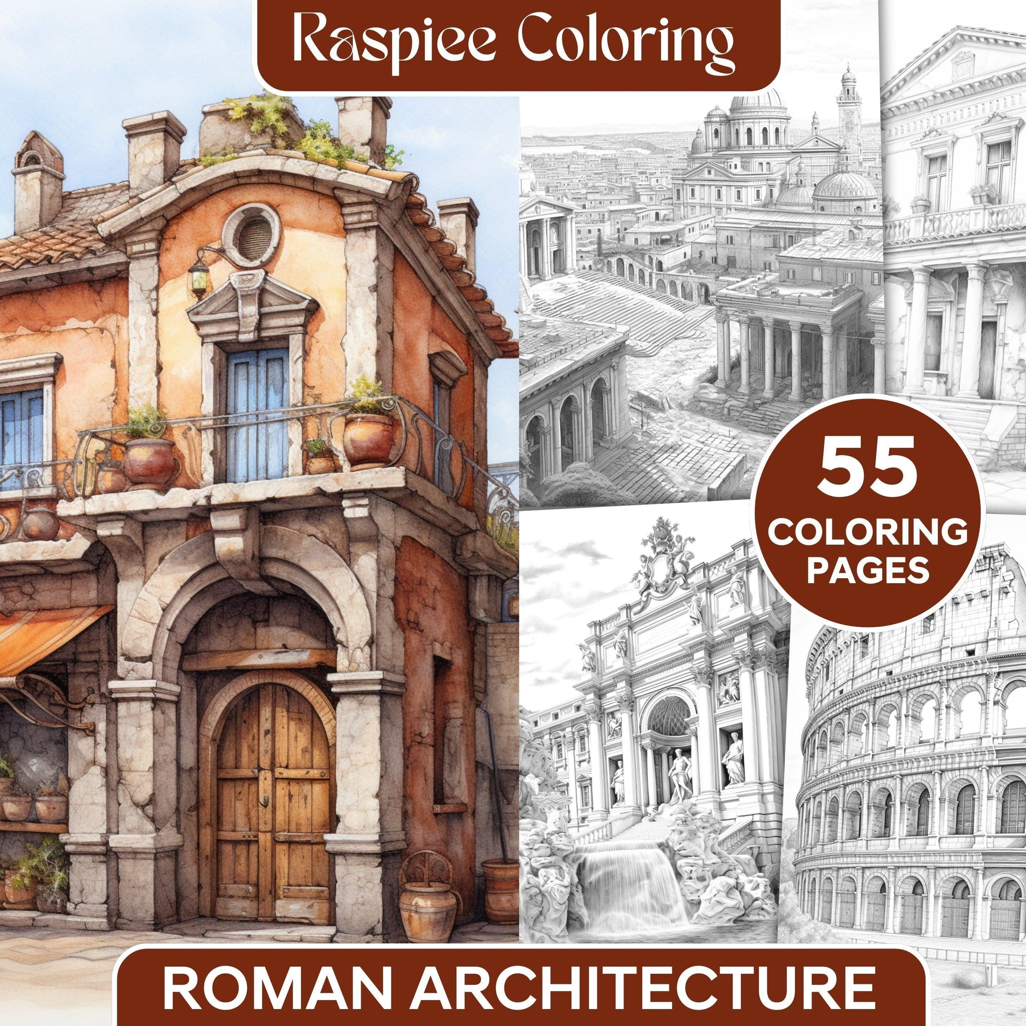 Roman Architecture Grayscale Coloring Pages Printable for Adults, PDF