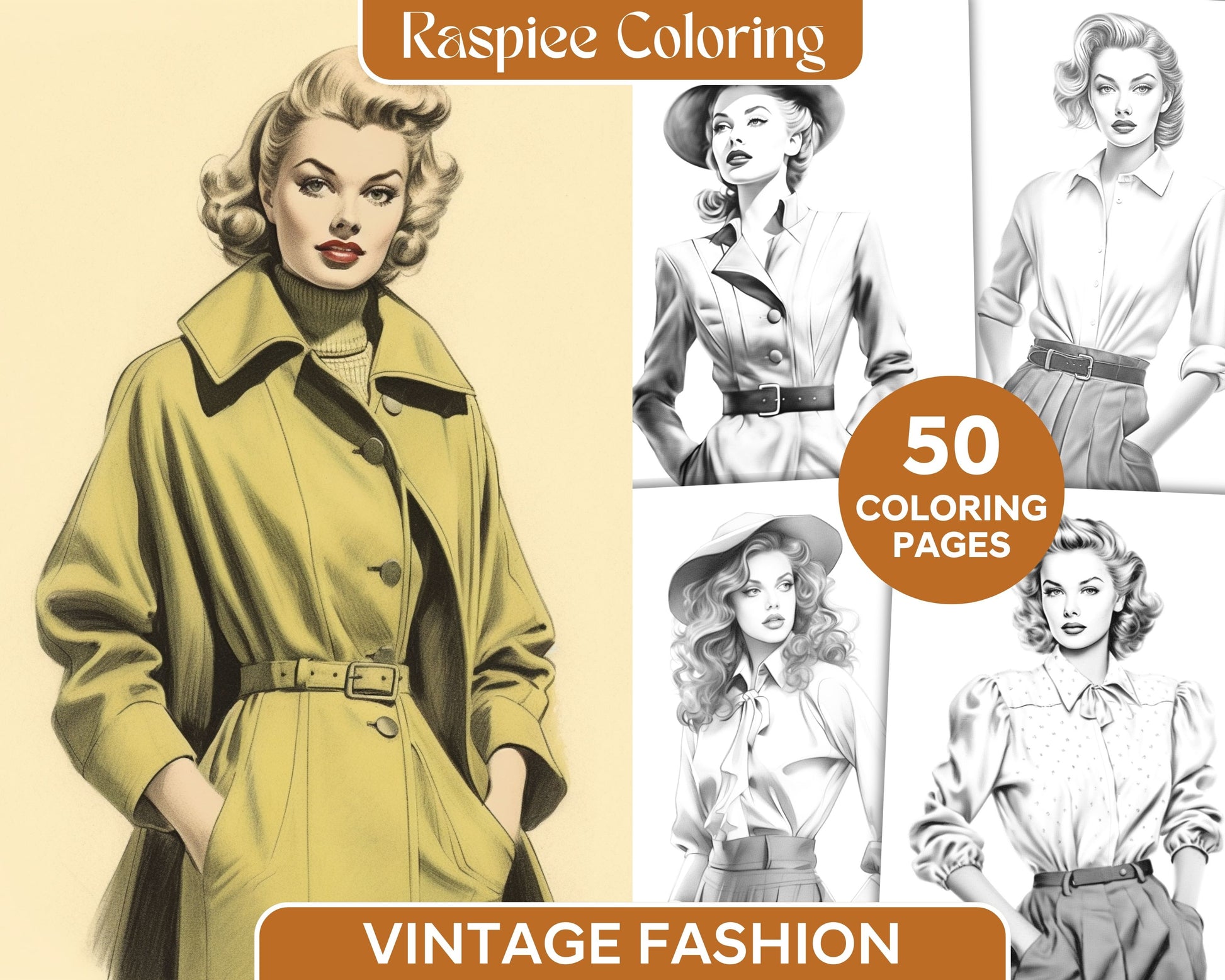 Vintage Fashion Grayscale Coloring Pages, Printable for Adults, Retro Fashion Illustrations, Black and White Coloring Sheets