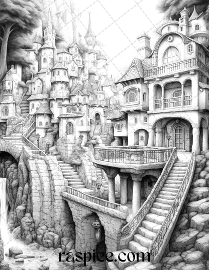 Fantasy Village Grayscale Coloring Pages for Adults, Printable Adult Coloring Pages - Fantasy Village, Grayscale Coloring Art for Stress Relief - Village Scene, Detailed Coloring Pages - Fantasy Village Illustration, Printable Fantasy Art for Adult Coloring - Village Theme