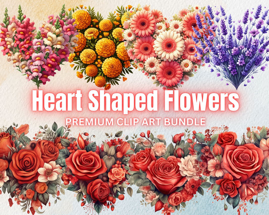 Romantic Heart-Shaped Flowers Clipart Bundle