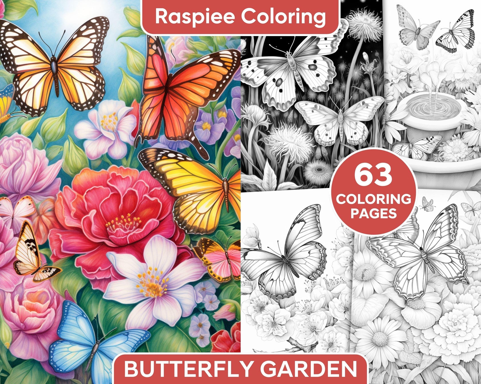 63 Butterfly Garden Grayscale Adult Coloring Pages, Printable PDF Inst ...