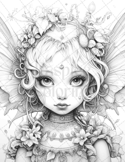 Chibi Fairy Grayscale Coloring Page for Adults, Adorable Chibi Fairy Printable Artwork