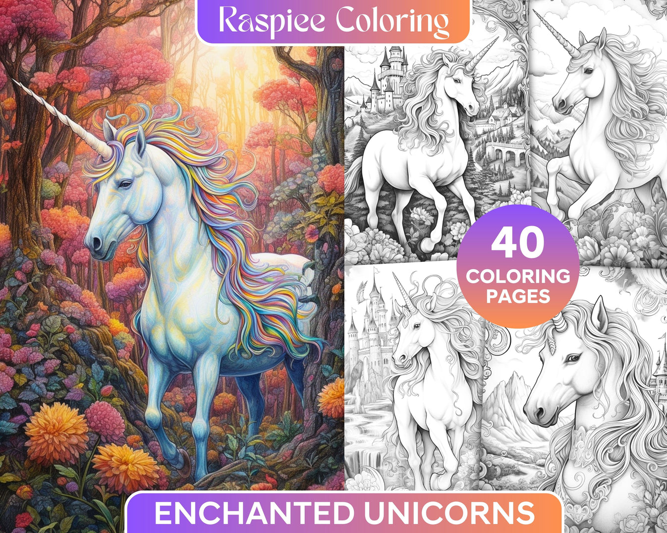 40 Enchanted Unicorns Grayscale Coloring Pages Printable for Adults, P