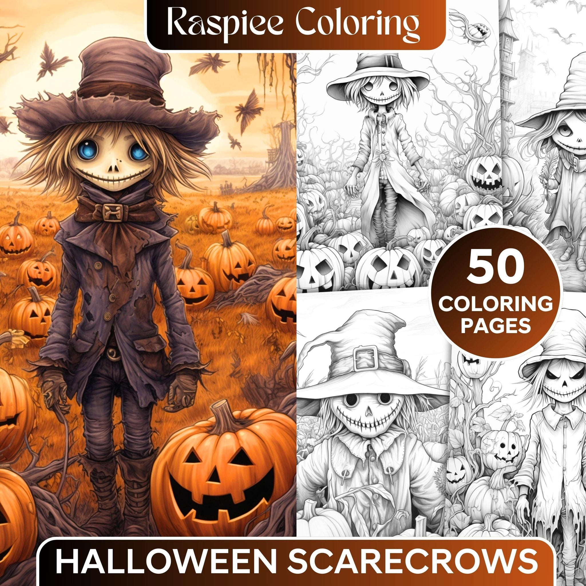 50 Halloween Scarecrows Grayscale Coloring Pages Printable for Adults,