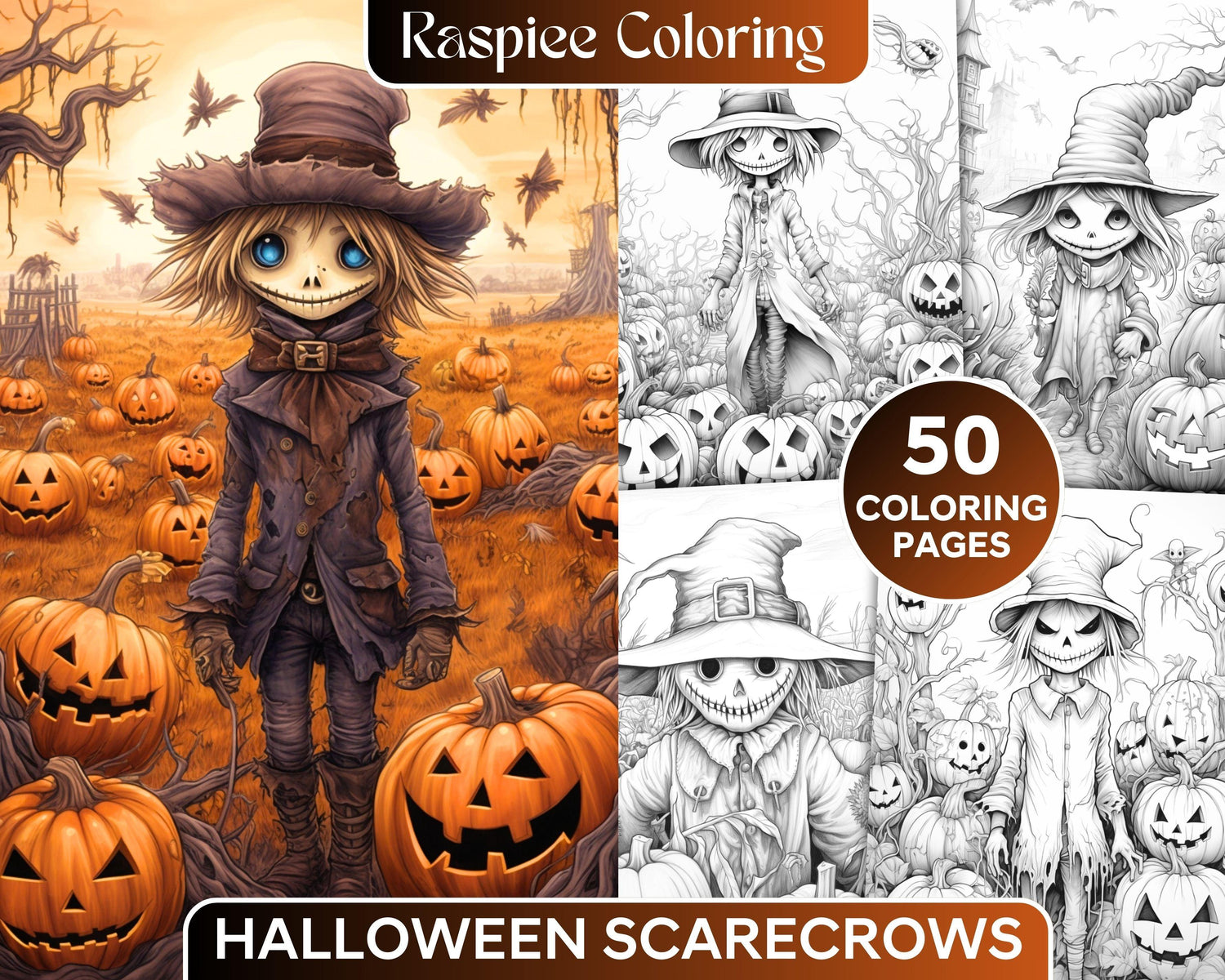 50 Halloween Scarecrows Grayscale Coloring Pages Printable for Adults,