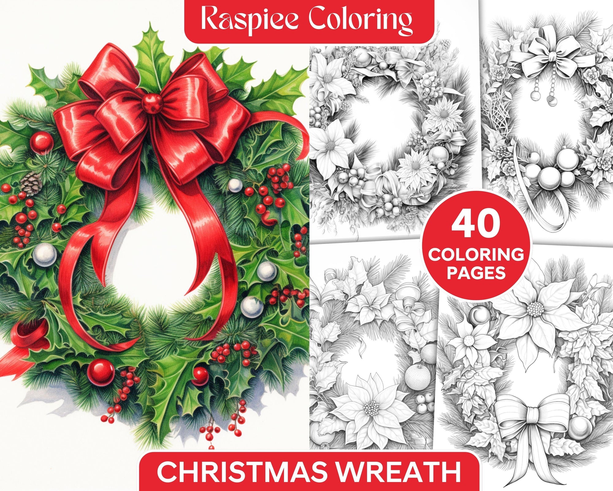 40 Christmas Wreath Grayscale Coloring Pages Printable for Adults, PDF