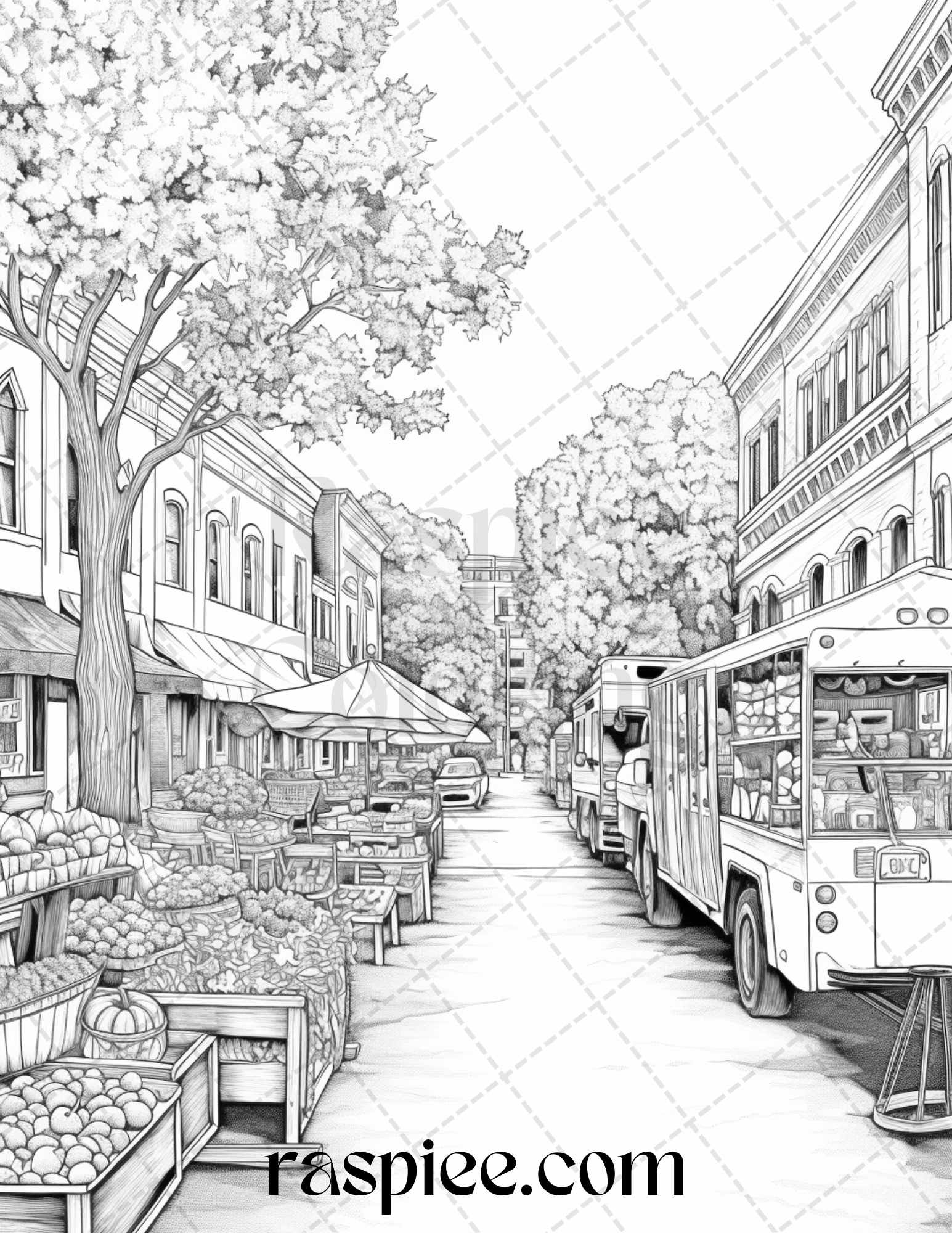 Autumn Street Markets Grayscale Coloring Pages for Adults, Printable P in  2023
