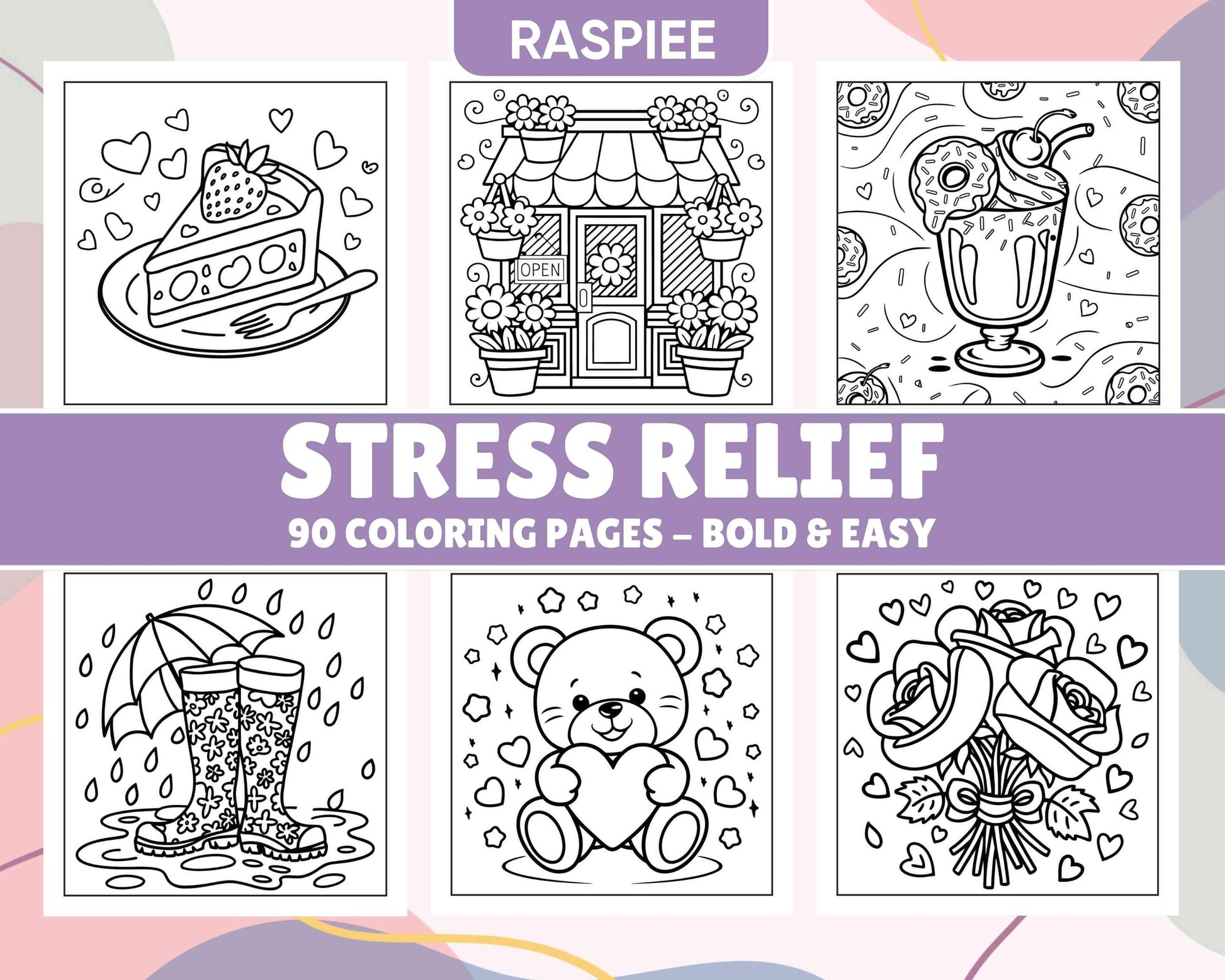 90 Bold and Easy Stress Relief Coloring Pages Printable PDF Instant Download - RASPIEE