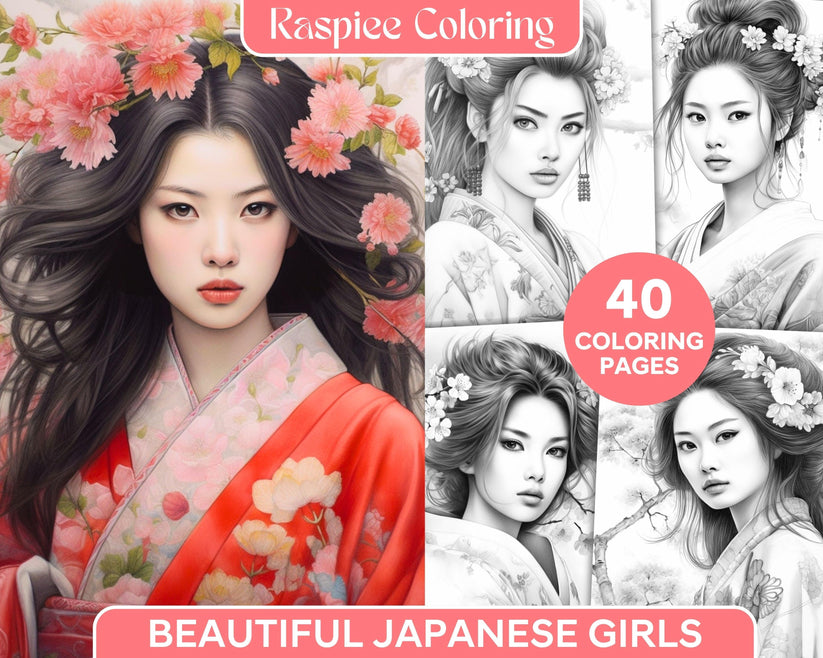 40 Beautiful Japanese Girls Grayscale Coloring Pages Printable for Adu
