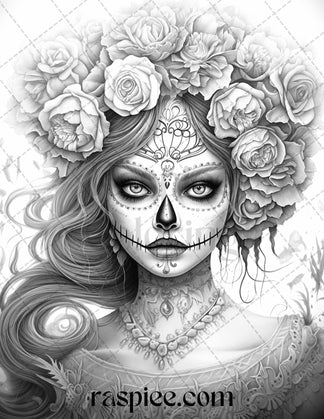 50 Day of the Dead Grayscale Coloring Pages Printable for Adults, PDF ...