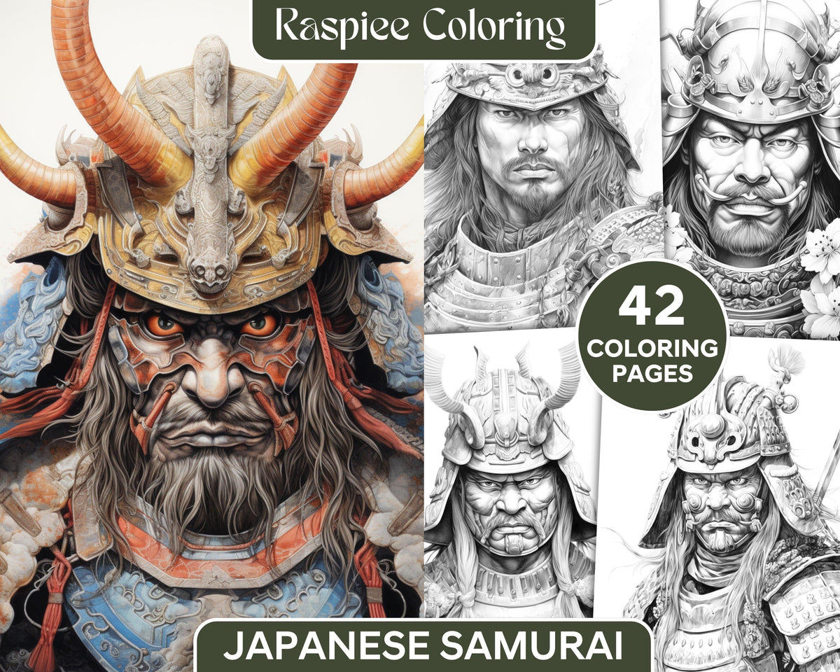 42 Japanese Samurai Grayscale Coloring Pages for Adults, Printable PDF