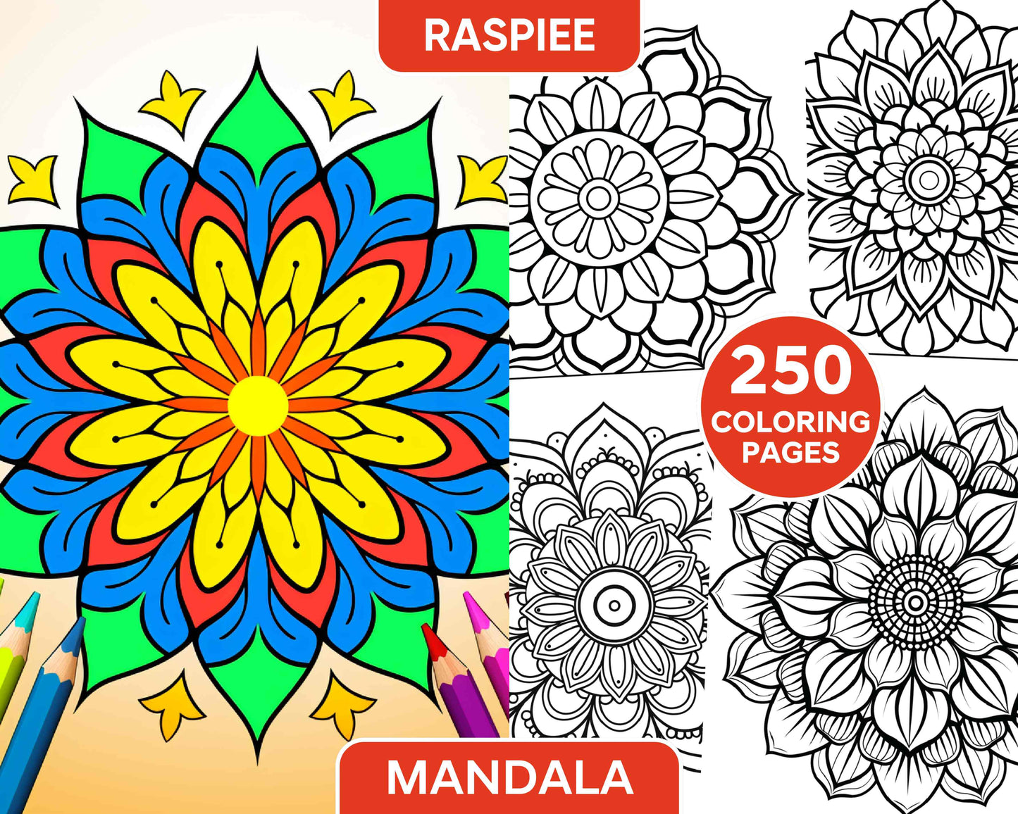 250 Mandala Adult Coloring Pages Vol.1 - RASPIEE