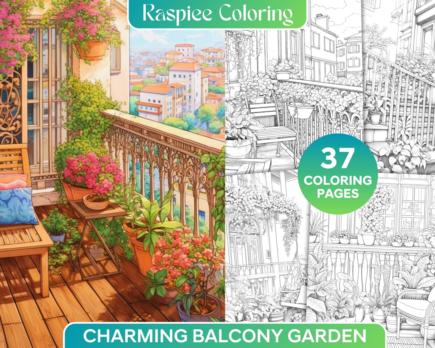 Balcony garden grayscale coloring page, Printable coloring page for adults ,Relaxing grayscale artwork ,Detailed botanical coloring design, Charming outdoor-themed coloring page