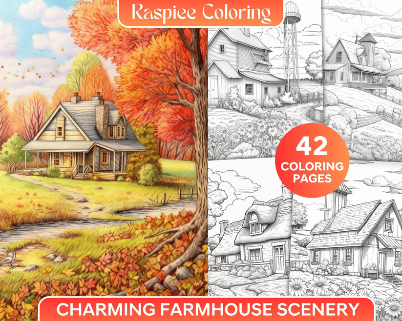 Charming Farmhouse Scenery Grayscale Coloring Pages Printable for Adul