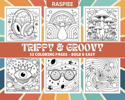 53 Bold and Easy Trippy Groovy Coloring Pages Printable PDF Instant Download