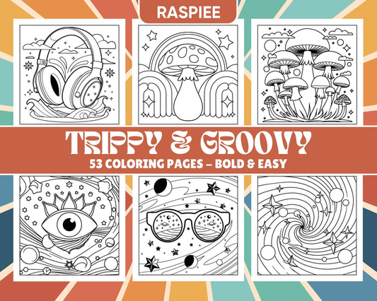 53 Bold and Easy Trippy Groovy Coloring Pages Printable PDF Instant Download - RASPIEE