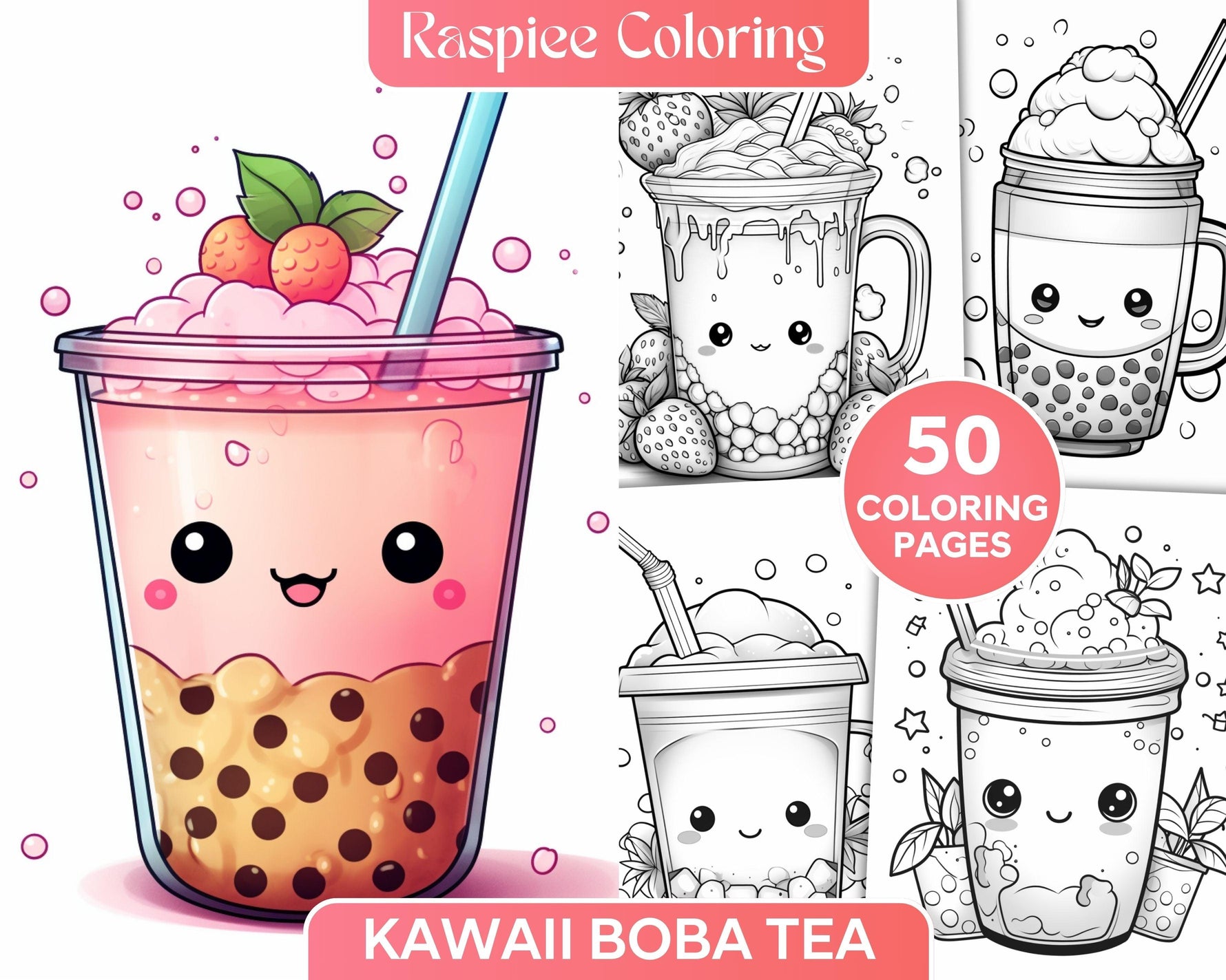 50 Cute Kawaii Boba Tea Grayscale Coloring Pages for Adults and Kids,