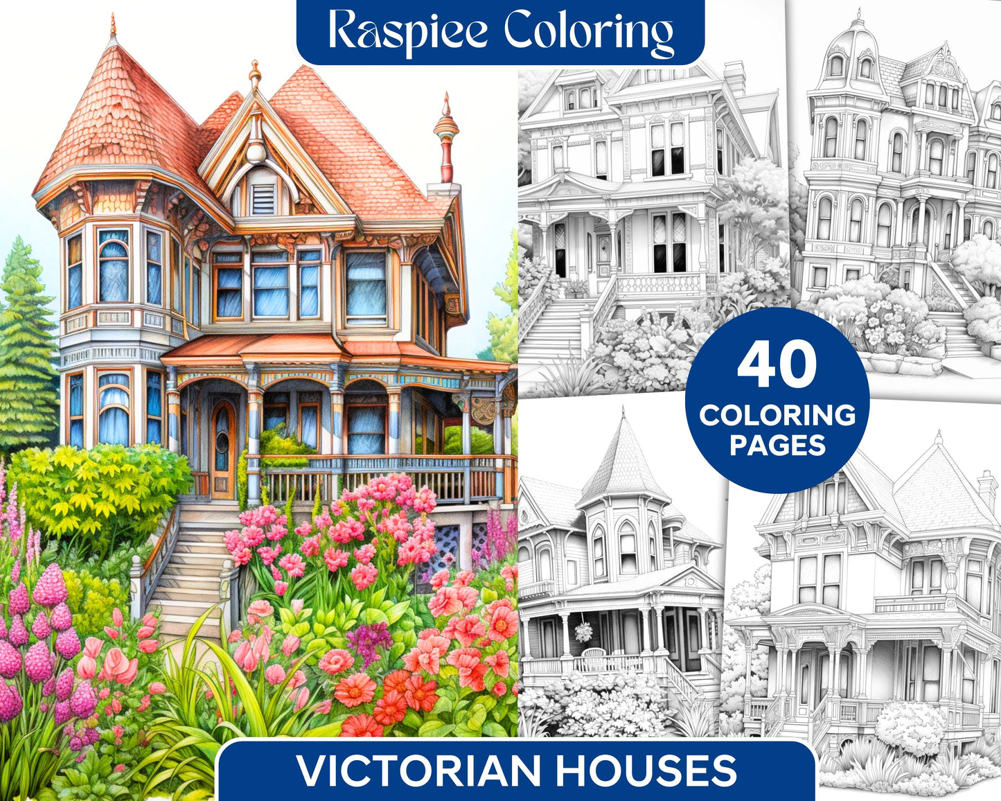 Victorian Houses Grayscale Coloring Pages, Printable Coloring Pages for Adults, Vintage Victorian Architecture Coloring Book, Intricate Black and White Coloring Pages, Stress-Relieving Victorian House Illustrations