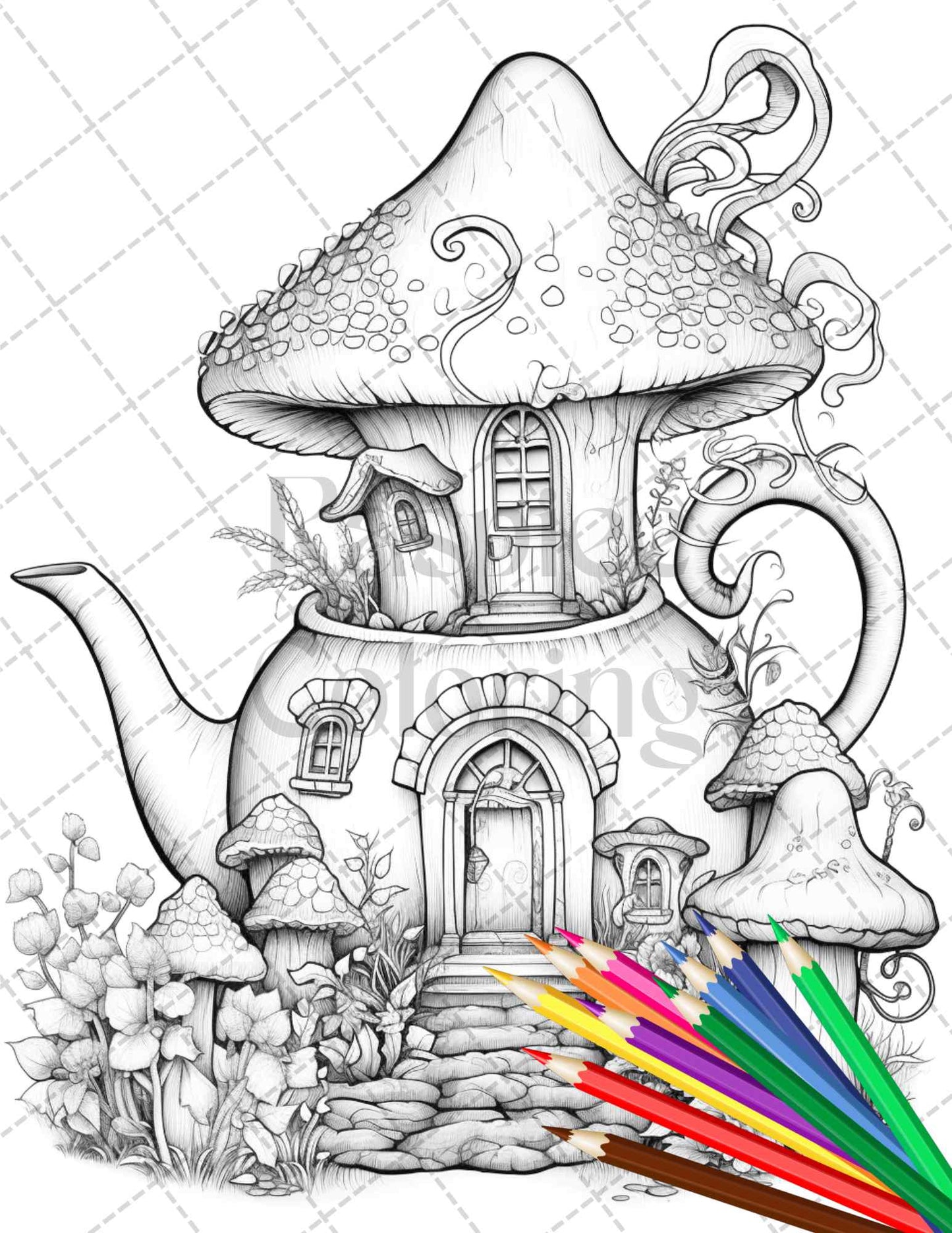 teapot fairy house coloring page, grayscale coloring printable, adult coloring artwork, printable coloring page, fairy house illustration