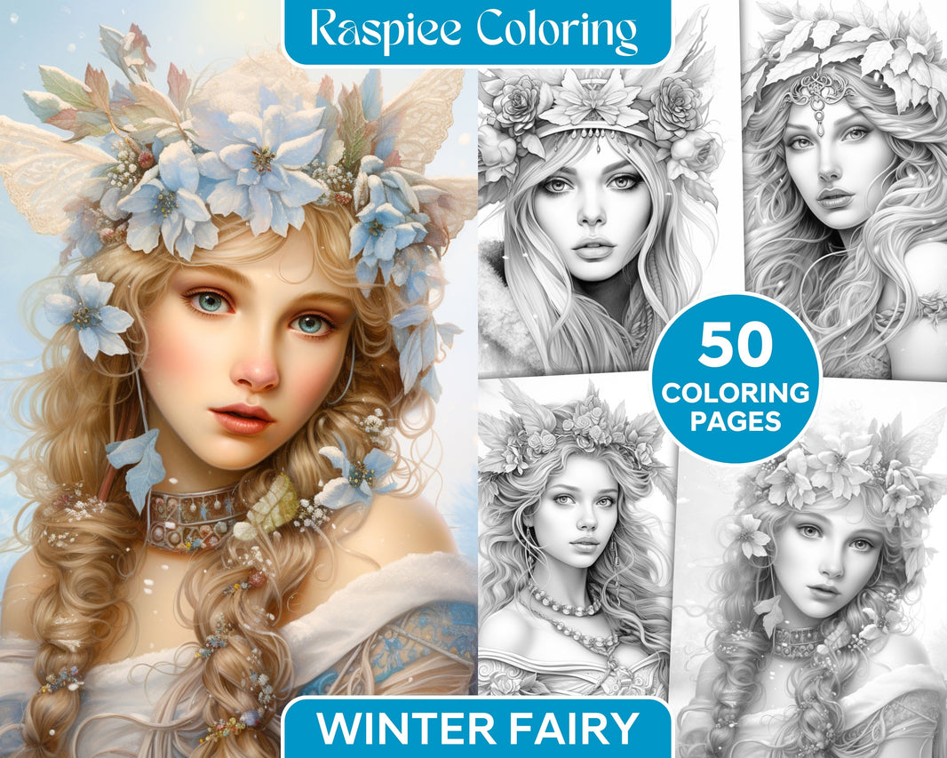 50 Winter Fairy Grayscale Coloring Pages Printable for Adults, PDF Fil
