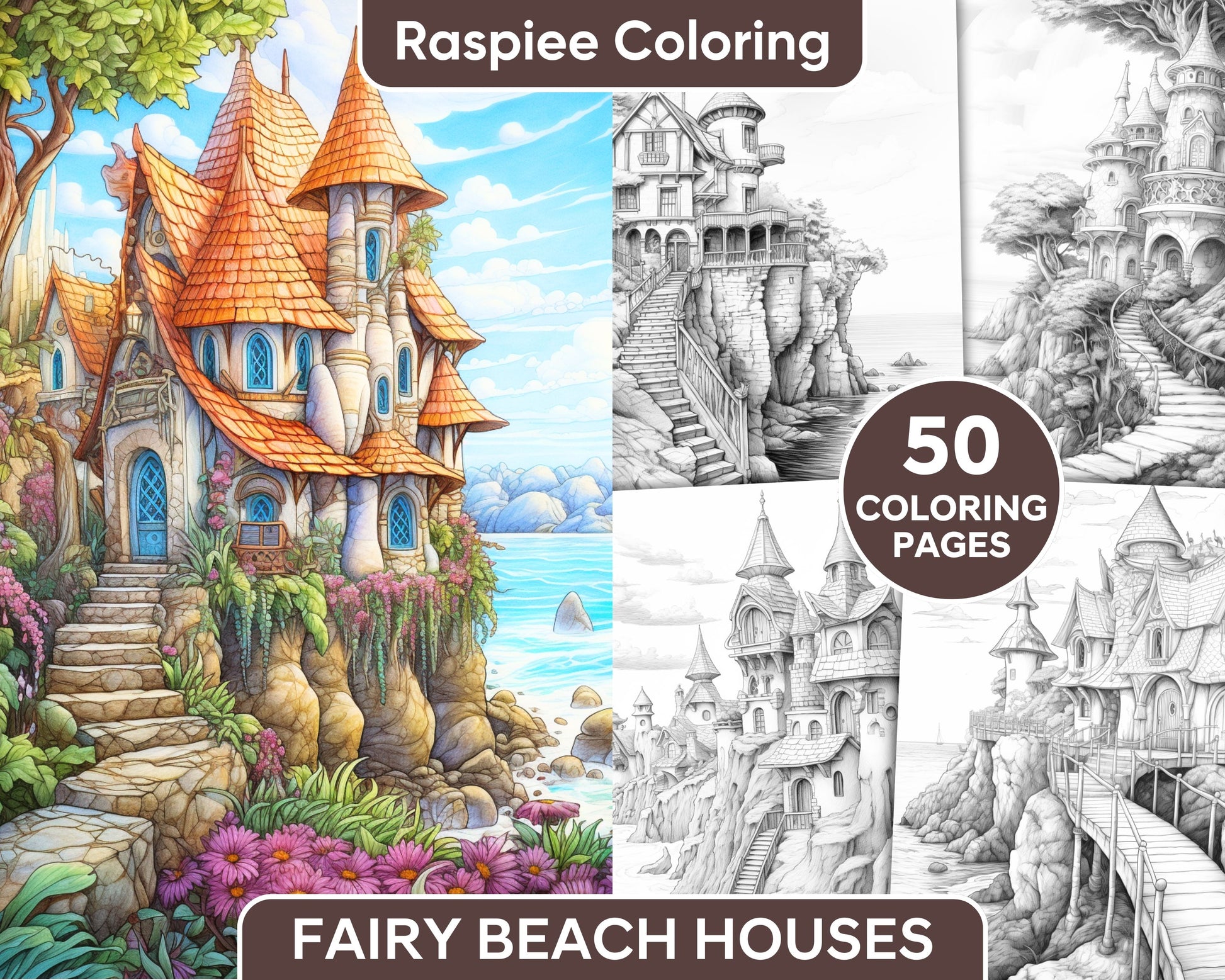 Fairy Beach House Coloring Page, Relaxing Adult Coloring Sheet, Beach House Coloring Page, Stress Relief Coloring Page, Creative Coloring Design, Decorative Coloring Sheet, Fantasy Coloring Page, Fairytale Coloring Page