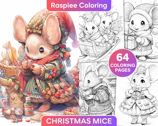 Christmas Mice Coloring Page, Adult Grayscale Printable, Stress-Relief Coloring, Animal Coloring Pages, Mouse Coloring Pages, Seasonal Coloring Sheets, Xmas Coloring Pages, Christmas Coloring Pages, Holiday Coloring Pages, Winter Coloring Pages, Fantasy Coloring Pages