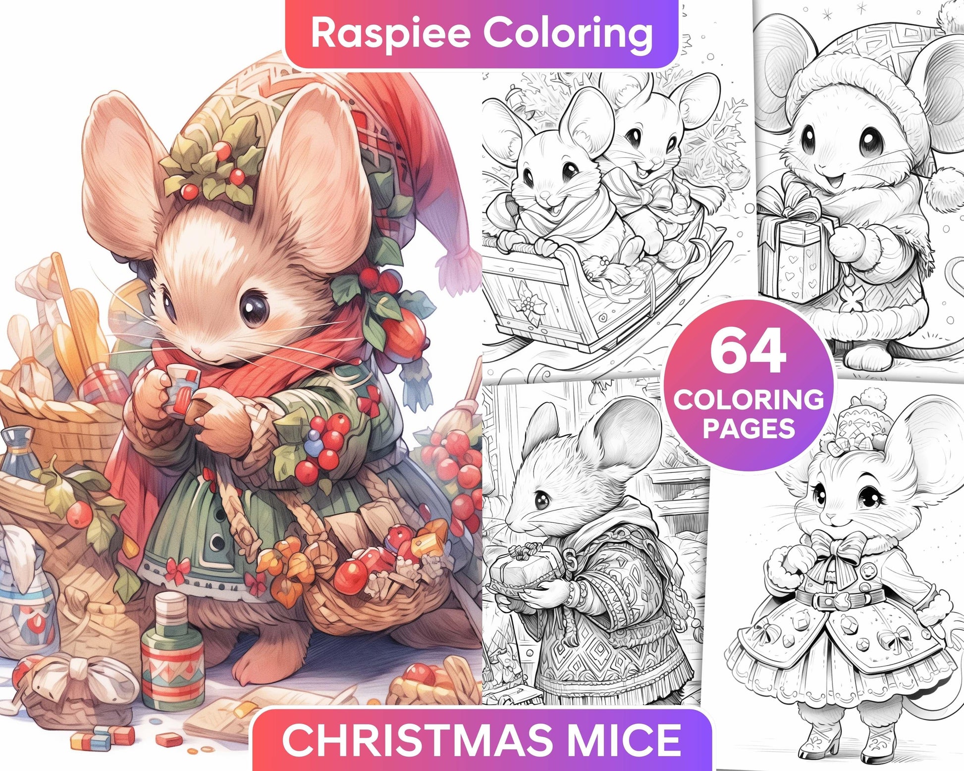 64 Christmas Mice Grayscale Coloring Pages for Adults, Printable PDF I – RASPIEE 64-christmas-mice-grayscale-coloring-pages-for-adults-printable-pdf-i-raspiee