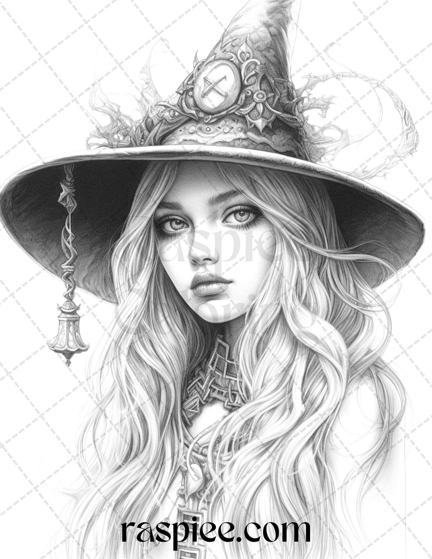 Grayscale coloring pages for adults, Printable witch coloring book, Witchcraft art illustrations, Magical coloring for adults, Halloween witch coloring pages, portrait coloring pages for adults