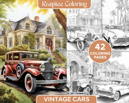 vintage cars coloring pages, grayscale printable for adults, vintage car illustrations, retro coloring sheets