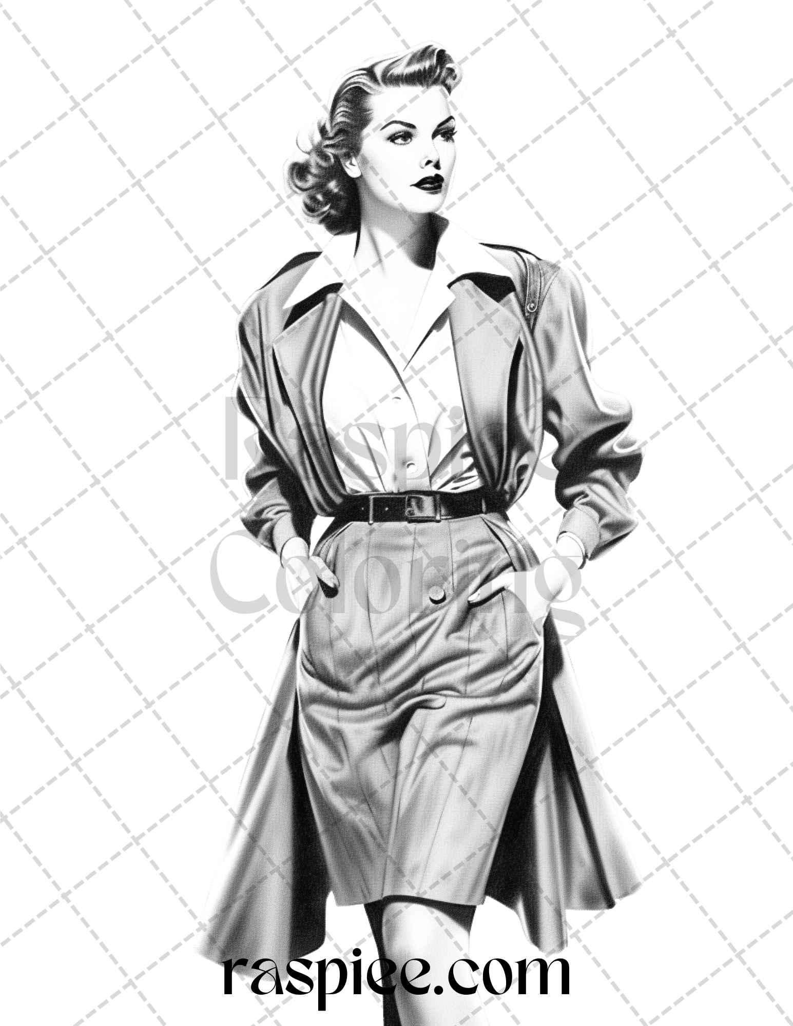 Vintage Fashion Grayscale Coloring Pages, Printable for Adults, Retro Fashion Illustrations, Black and White Coloring Sheets